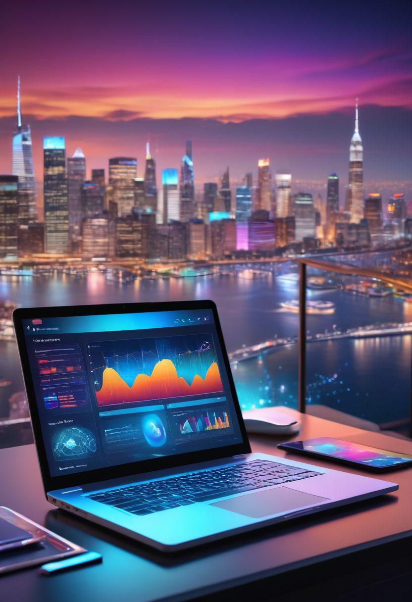 A futuristic digital workspace featuring a sleek laptop displaying graphs and analytics, vibrant screens with social media icons, and an array of marketing tools like SEO and content creation apps. The background shows a city skyline with floating holographic technology, representing innovation. Bright, engaging colors and a dynamic atmosphere to convey excitement in online marketing. super-realistic. vibrant colors. 3D.