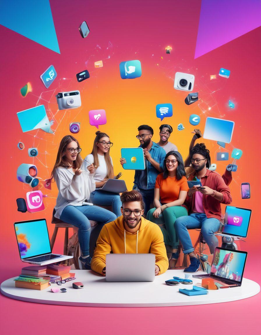 A dynamic scene illustrating a diverse group of content creators collaborating, surrounded by various digital tools like cameras, laptops, and smartphones. They are engaging in brainstorming and sharing ideas, with colorful social media icons (like Instagram, Twitter, and TikTok) floating around. A bright backdrop symbolizes the digital landscape filled with vibrant colors and exciting graphics. super-realistic. vibrant colors. 3D.