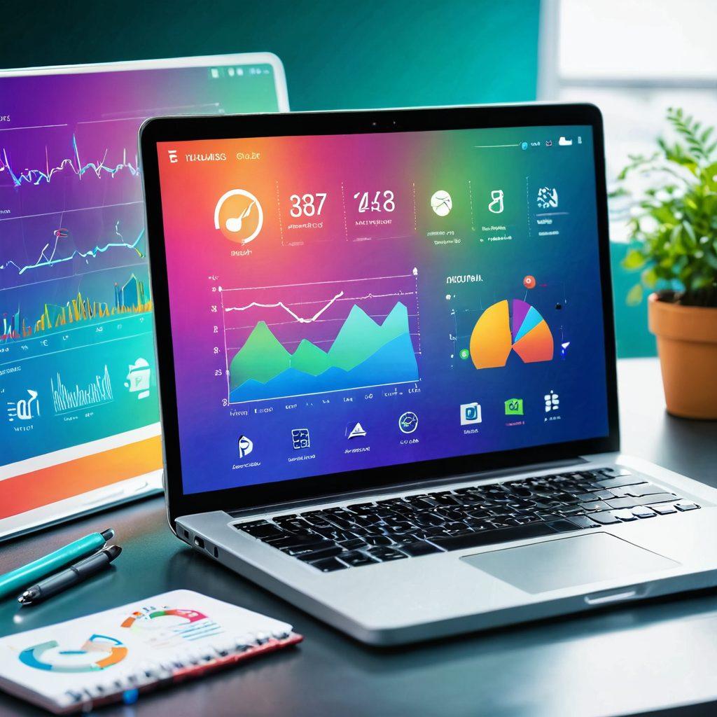 An open laptop displaying a vibrant digital marketing dashboard, with colorful graphs and analytics. Surrounding the laptop are various blogging tools such as a notebook, a camera, and social media icons floating around. A bright light symbolizes ideas and growth, creating an ambiance of innovation and success. The background features a soft gradient of blue and green, enhancing the theme of digital exploration and achievement. super-realistic. vibrant colors. soft gradient background.